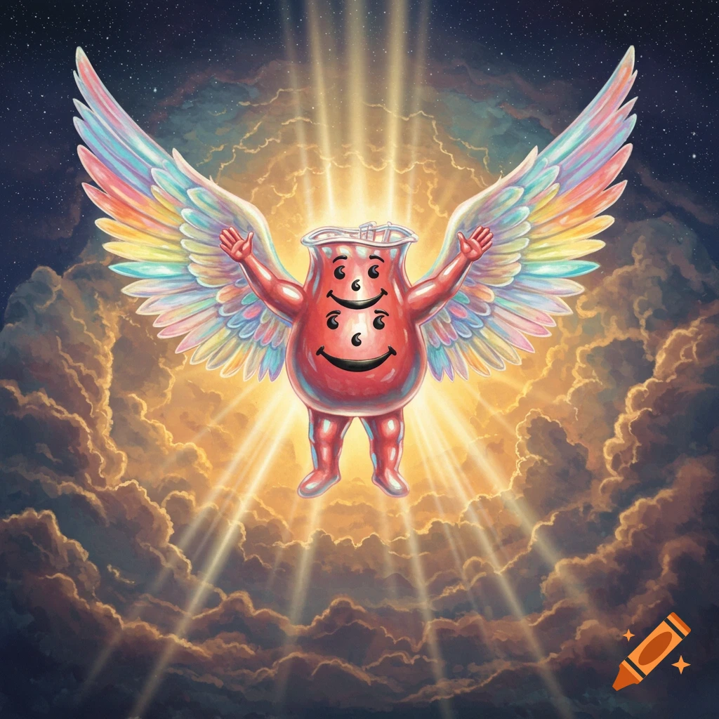 A biblically accurate angel version of the Kool-Aid Man with multiple faces and rainbow wings, glowing in a heavenly sky.