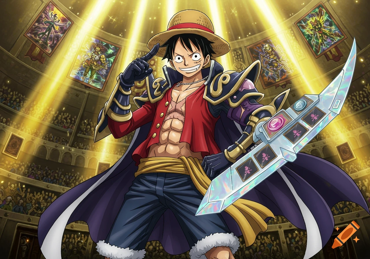 Anime illustration of Luffy in Yugioh-style armor, holding a glowing card sword in a golden arena with floating cards.