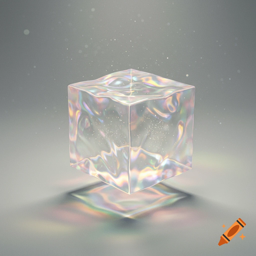 An iridescent, wavy glass-like cube floats above a reflective surface, surrounded by subtle glowing particles.