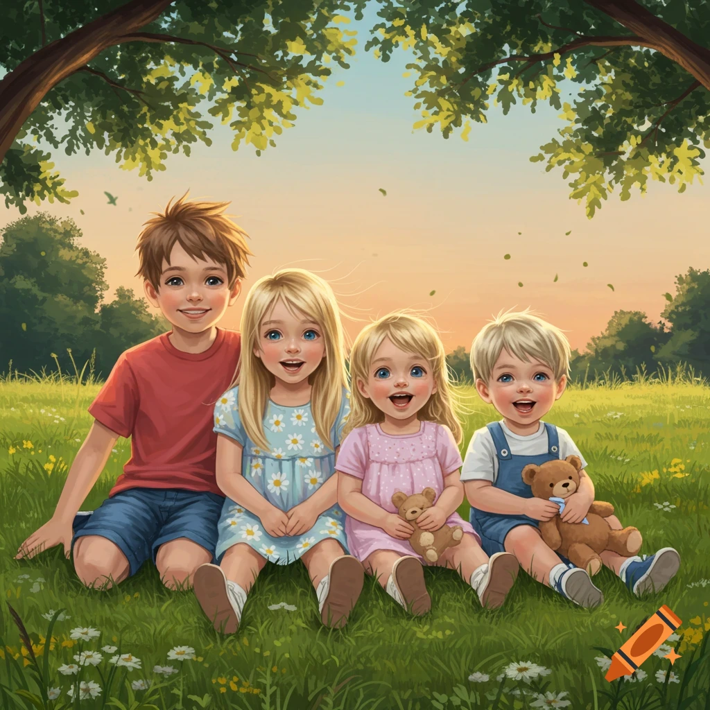 Four smiling children, two boys and two girls, sit together in a sunny green field under a tree, in a vibrant illustration style.