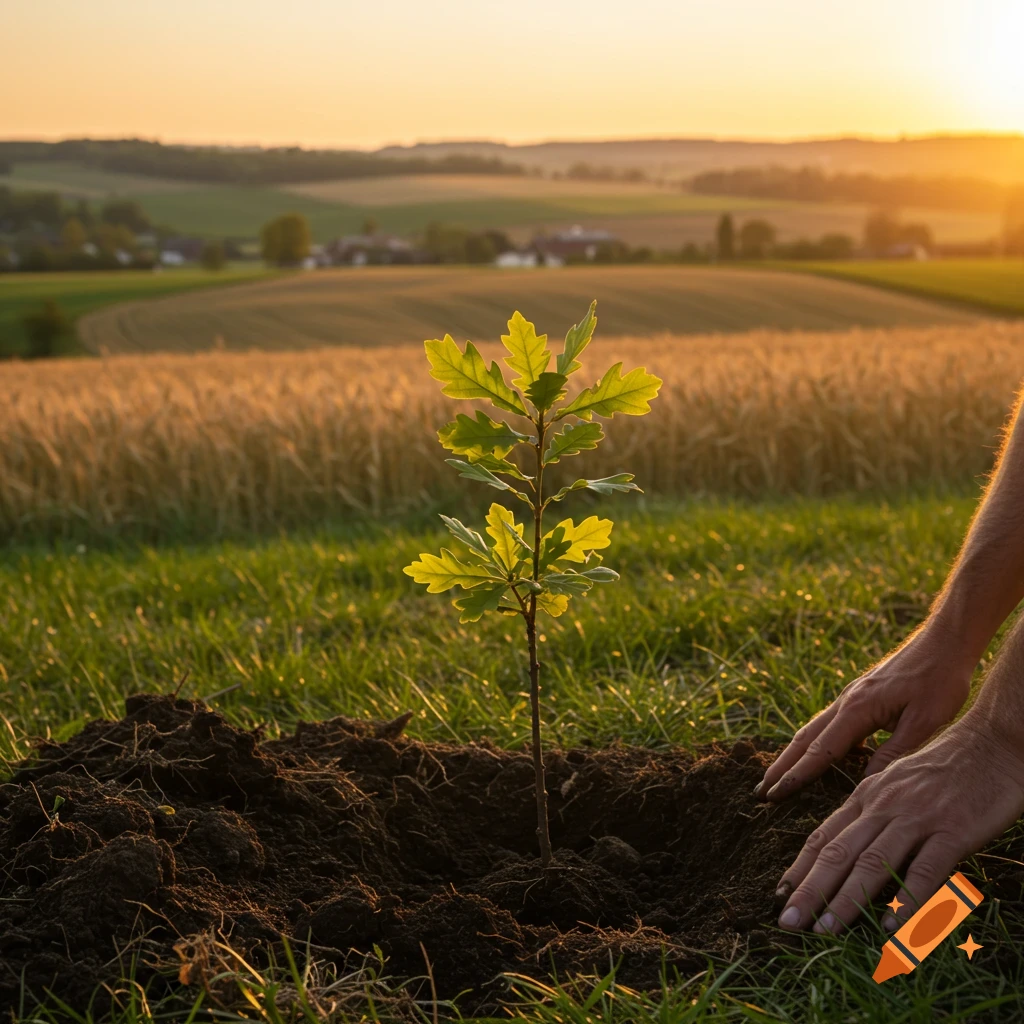 Close-up of hands planting a young oak tree in dark soil in a field at sunset, with a rural landscape in the background.