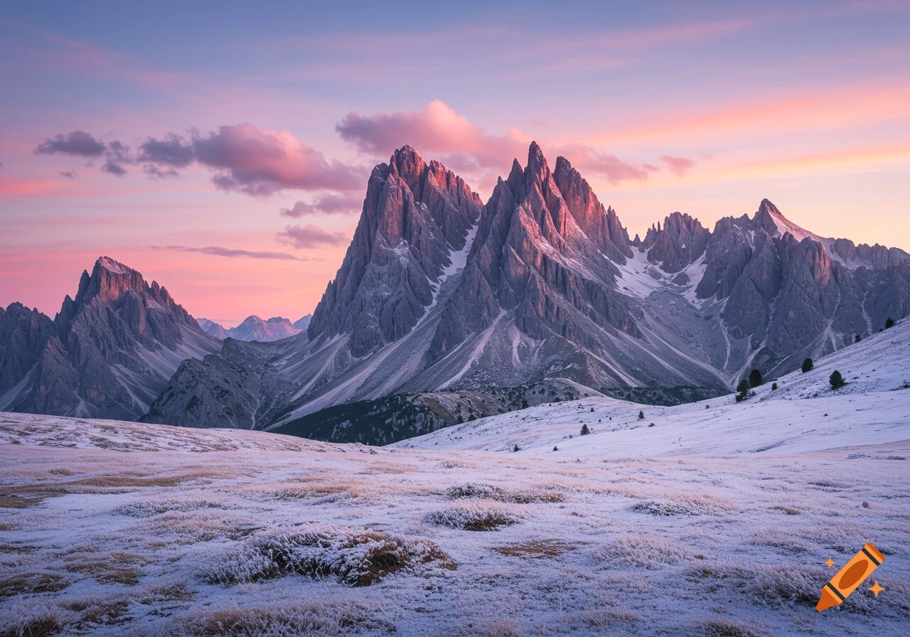 Snowy mountain range bathed in pink and purple twilight, with frosted foreground grass.