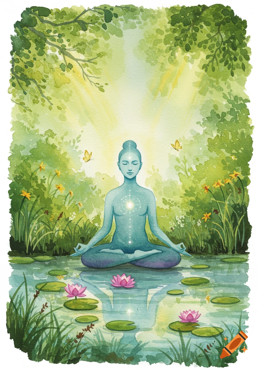 Watercolor illustration of a serene blue figure meditating on water amidst lush greenery, water lilies, and butterflies, under sunbeams.