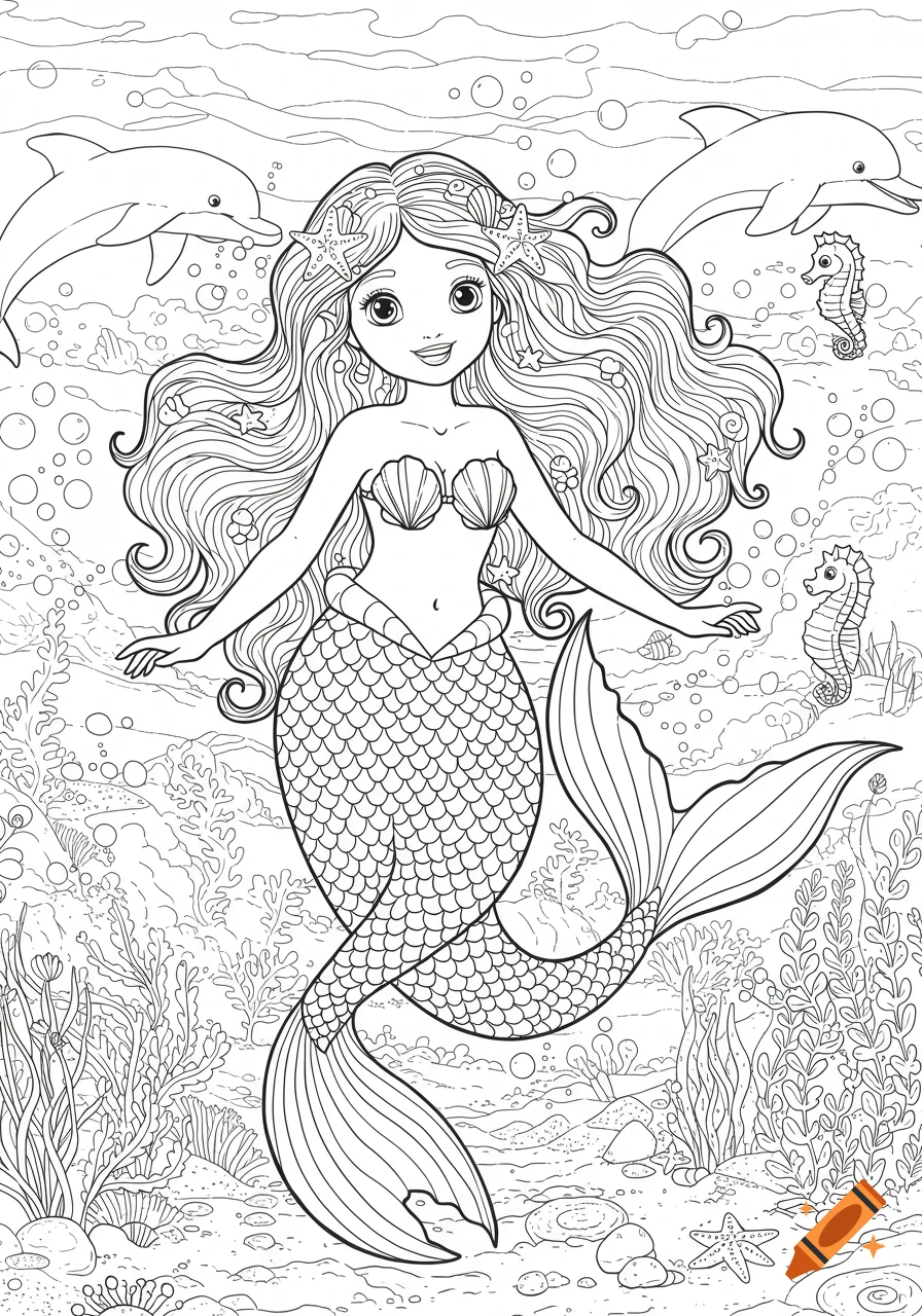 Black and white line art of a smiling mermaid underwater with dolphins, seahorses, and coral, for a coloring book.