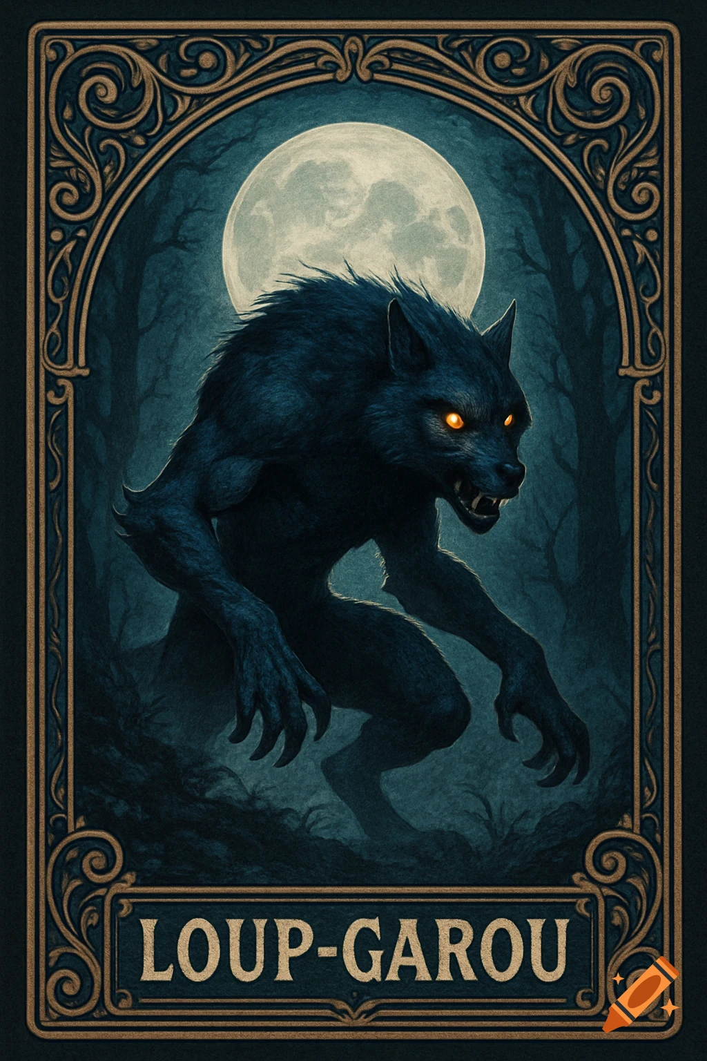 Illustrative card art of a dark blue werewolf with glowing eyes under a full moon in a forest, framed by an ornate border, with the text 'LOUP-GAROU'.