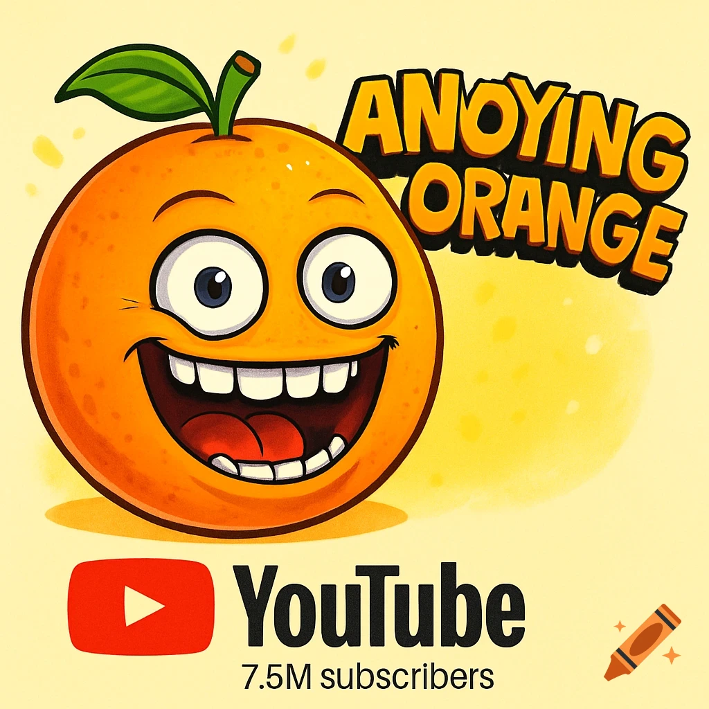 Cartoon Annoying Orange character with a wide smile, next to 'ANNOYING ORANGE' text, with the YouTube logo and '7.5M subscribers' below.