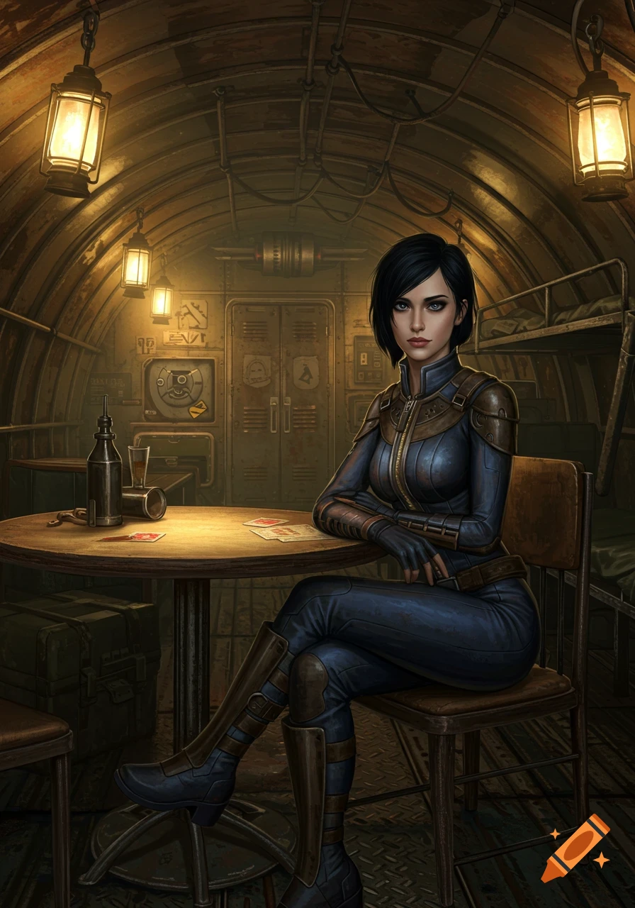 A woman with short black hair and dark blue eyes in a blue and brown vault suit sits at a table in a dimly lit, rusted metal bunker.
