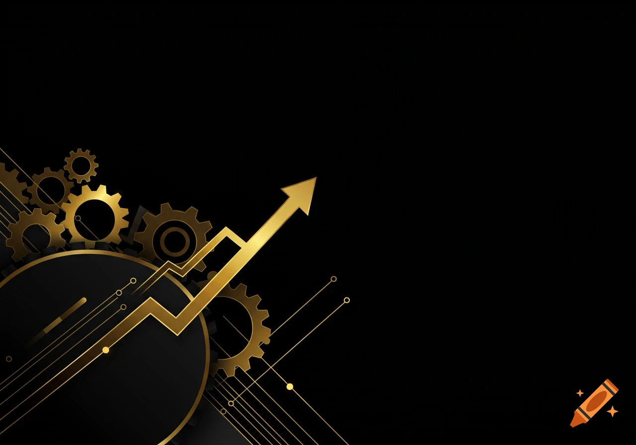 Gold gears, an upward arrow, and abstract lines on a black background, representing business growth and technology.