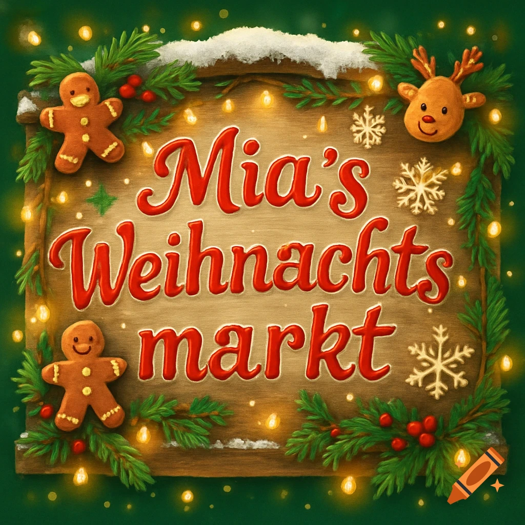A festive wooden sign reading "Mia's Weihnachtsmarkt" decorated with gingerbread men, a reindeer, greenery, berries, and glowing Christmas lights.