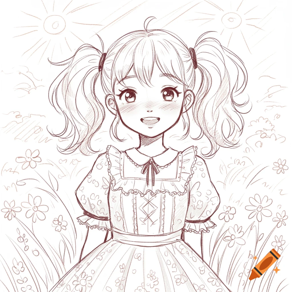 Anime sketch of a cute girl with pigtails, a ruffled dress, and a shy smile, surrounded by flowers.