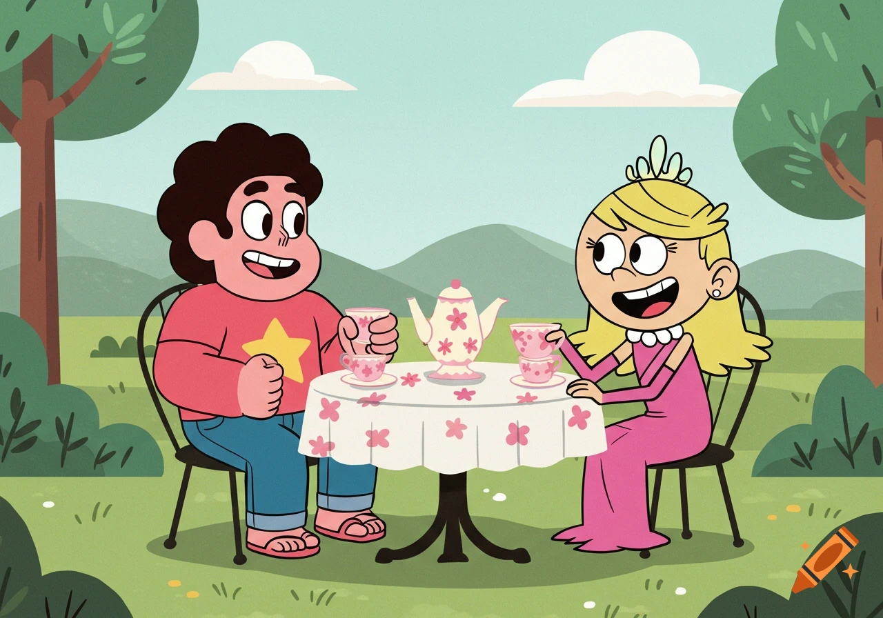 Cartoon characters Steven Universe and Lola Loud sit at a table in a park, enjoying a tea party.
