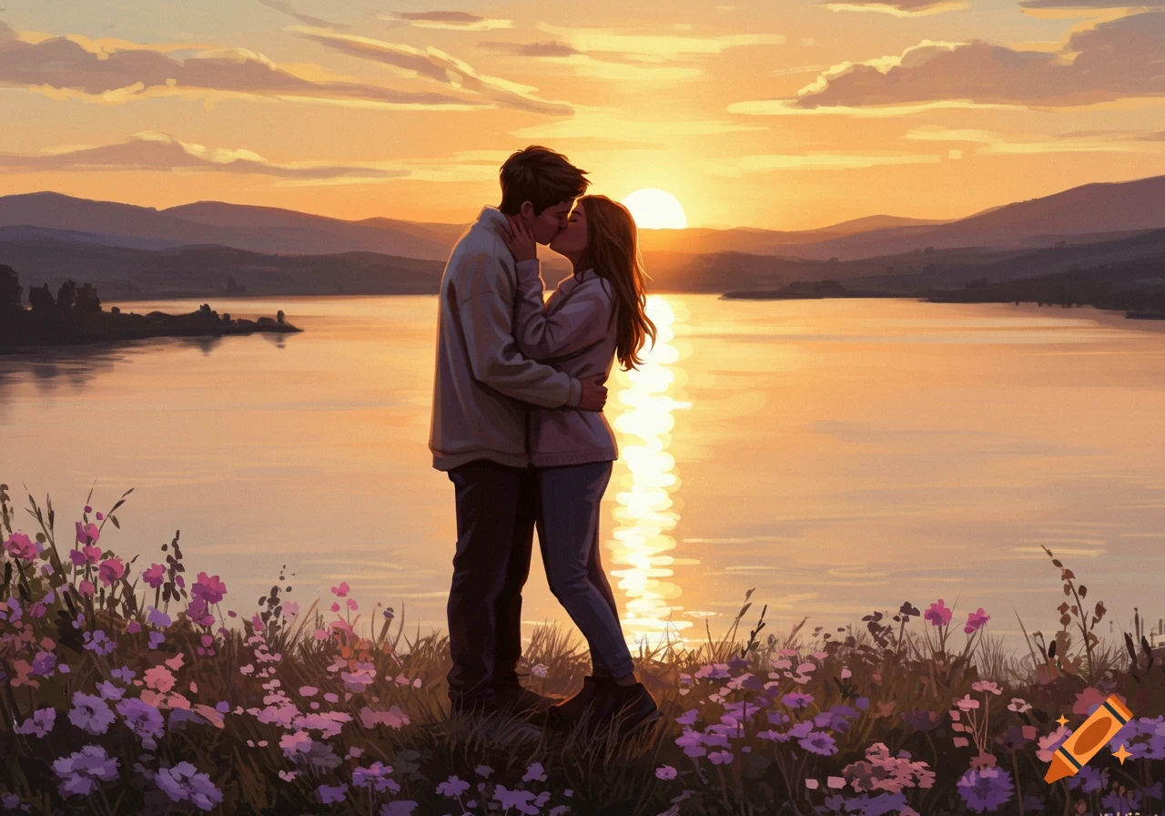 Illustrative painting of a couple kissing at sunset over a serene lake, surrounded by mountains and wildflowers.