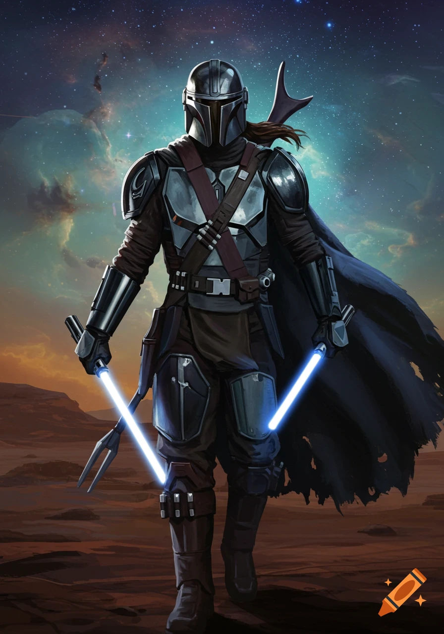 A warrior in dark Mandalorian armor with a helmet stands on a desert planet, holding two glowing blue lightsabers against a starry nebula sky.