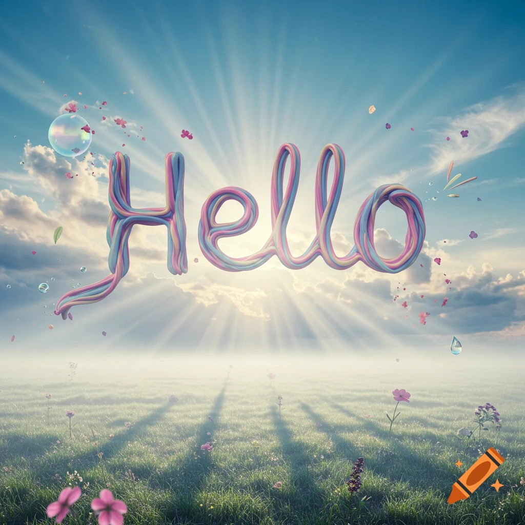 The word 'HELLO' made of colorful twisted ropes floats in a sunny, misty field with blue skies and scattered flowers.
