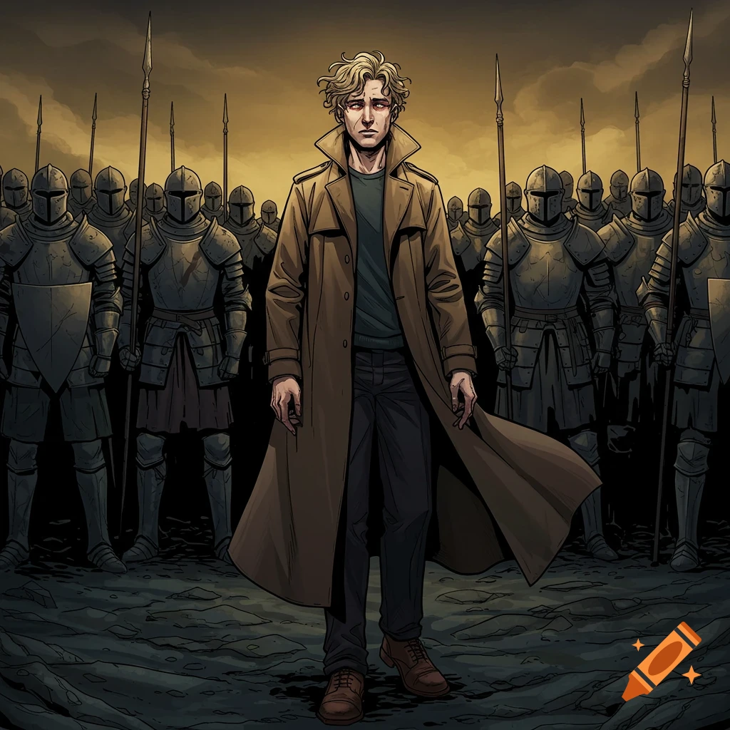 A pale man with wavy blonde hair in a trench coat stands before an army of medieval knights in a dark comic book style.