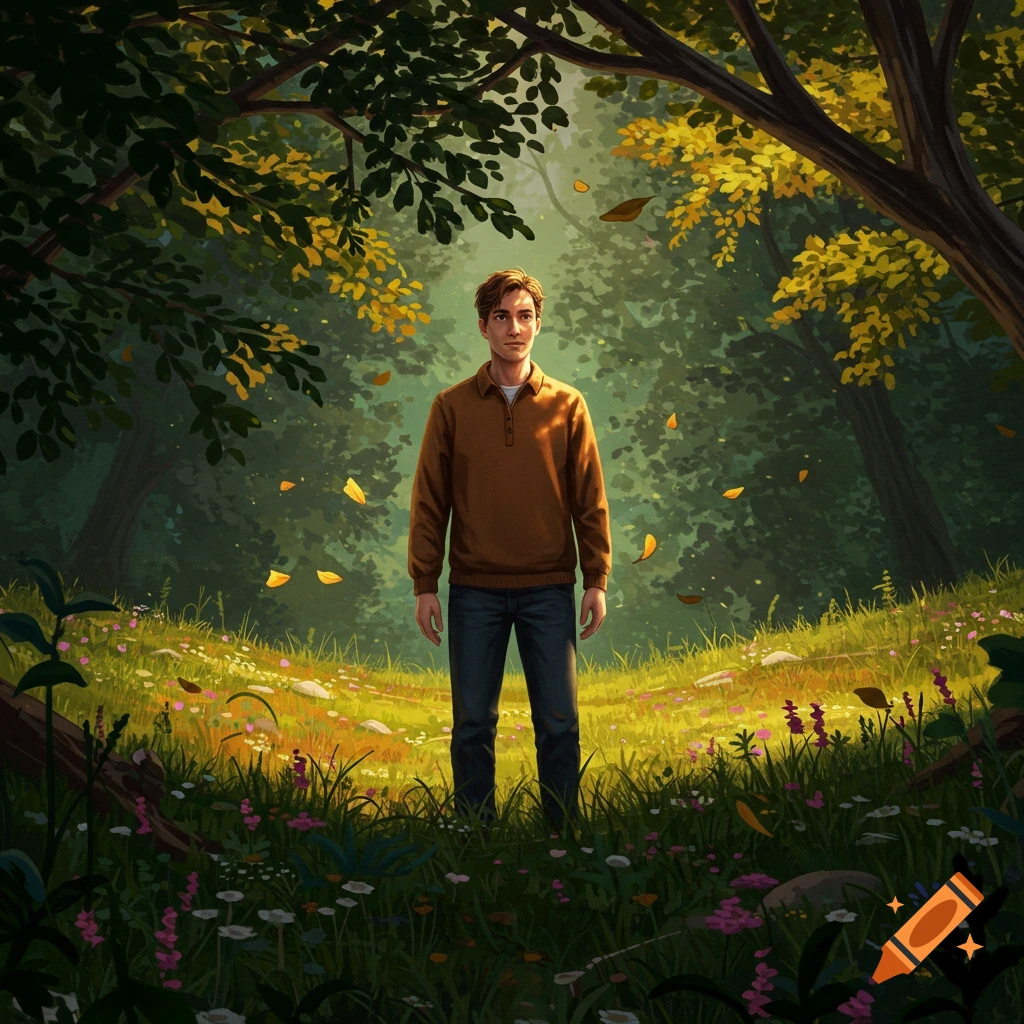 Illustrated young man in a brown sweater and jeans standing in a sunlit forest clearing with wildflowers and falling leaves.