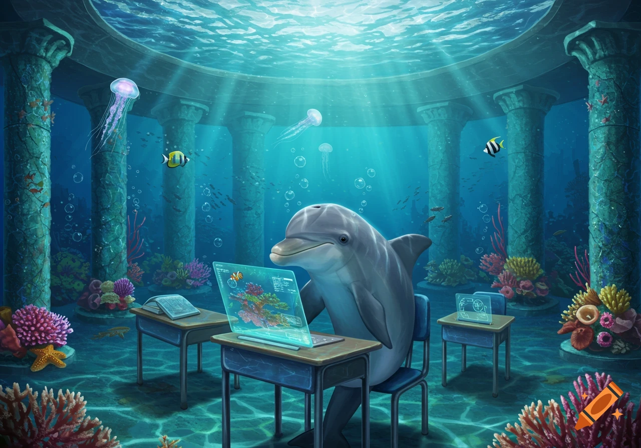 A friendly dolphin sits at a desk in an underwater classroom with ancient pillars and coral, looking at a holographic screen.