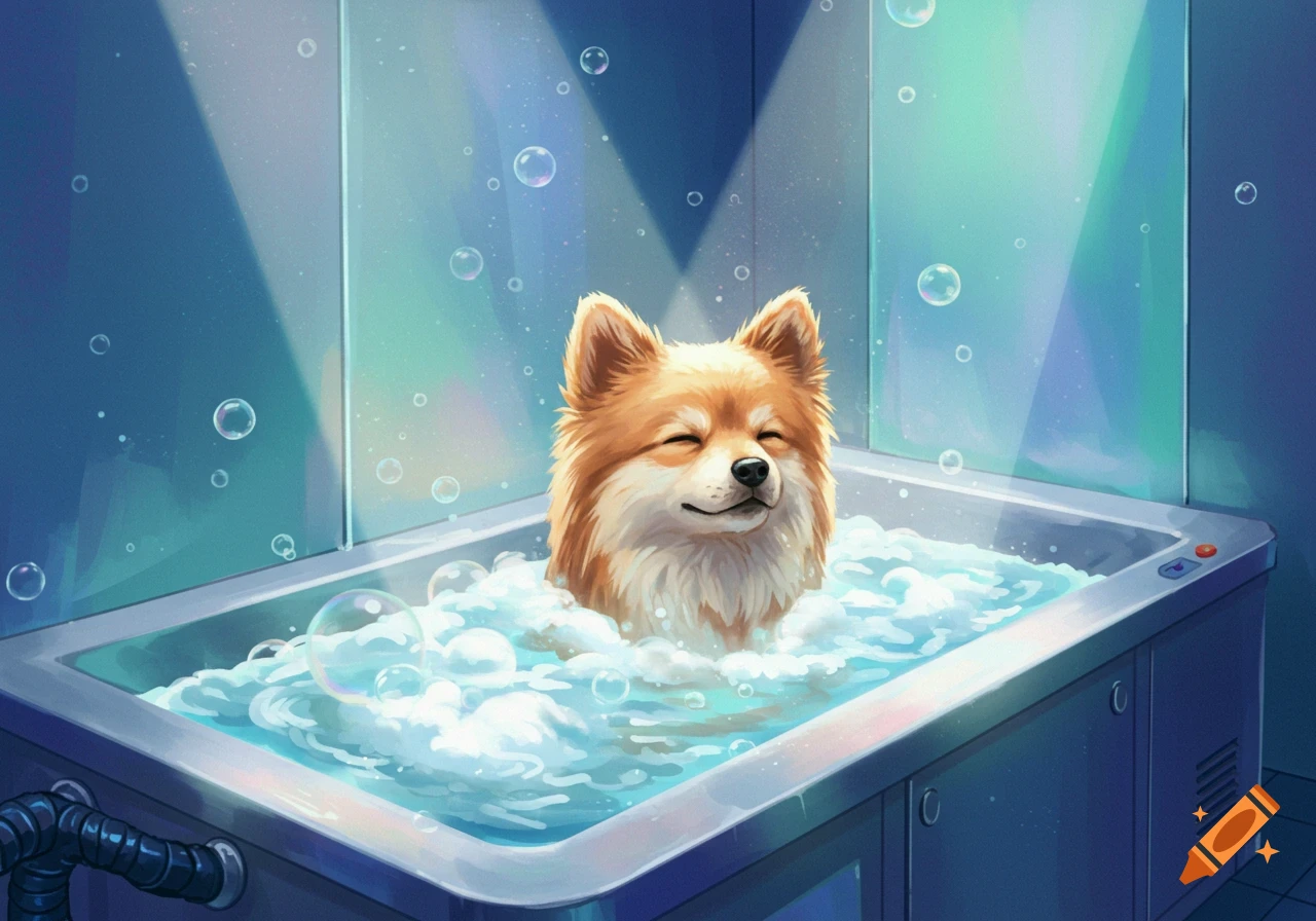 A fluffy orange and white dog smiles with closed eyes while taking a bubble bath in a modern blue tub, in a vibrant digital art style.