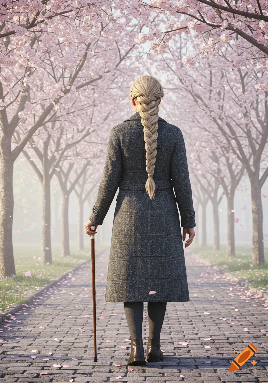 Woman with long blonde braid and gray coat walks down a cherry blossom-lined path, holding a cane. Photorealistic.