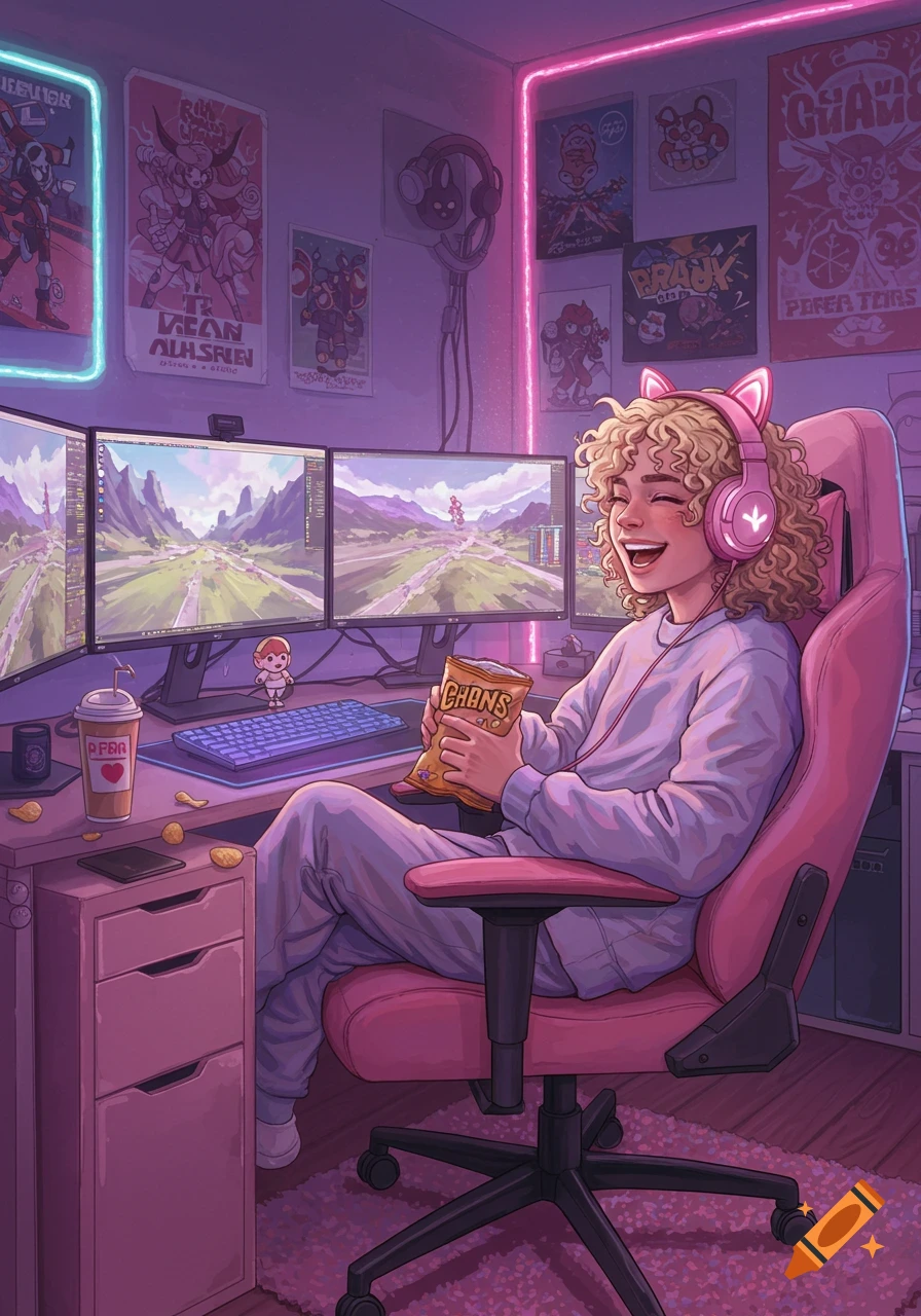 A happy curly blonde gamer with cat headphones eats chips while playing on three monitors in a neon-lit room, anime style.