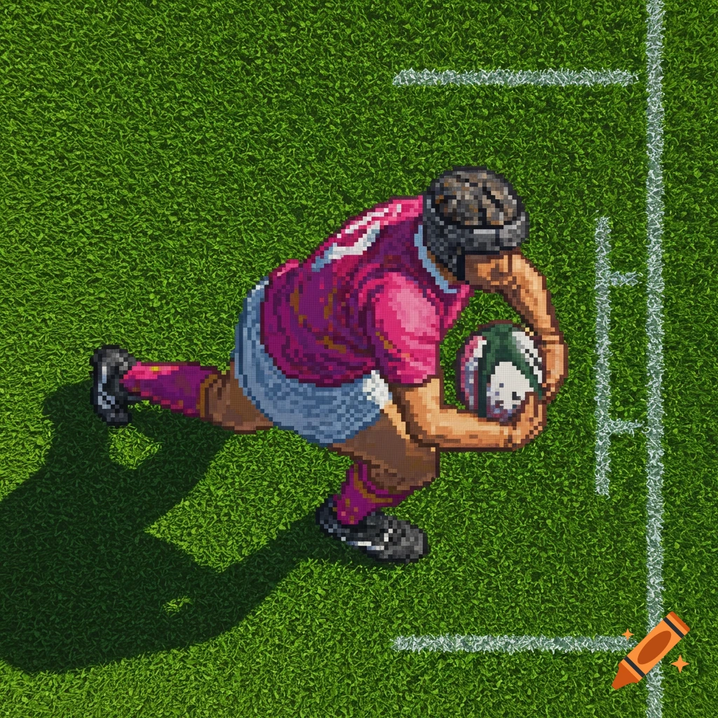 Pixel art of a rugby player in a pink and light blue uniform, holding a ball, viewed from above on a green field.