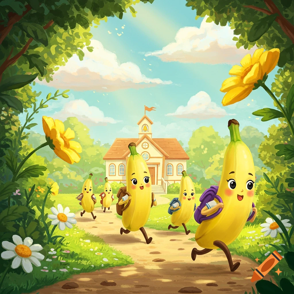 Cute cartoon banana characters with backpacks run along a path towards a school building, surrounded by green trees and flowers.