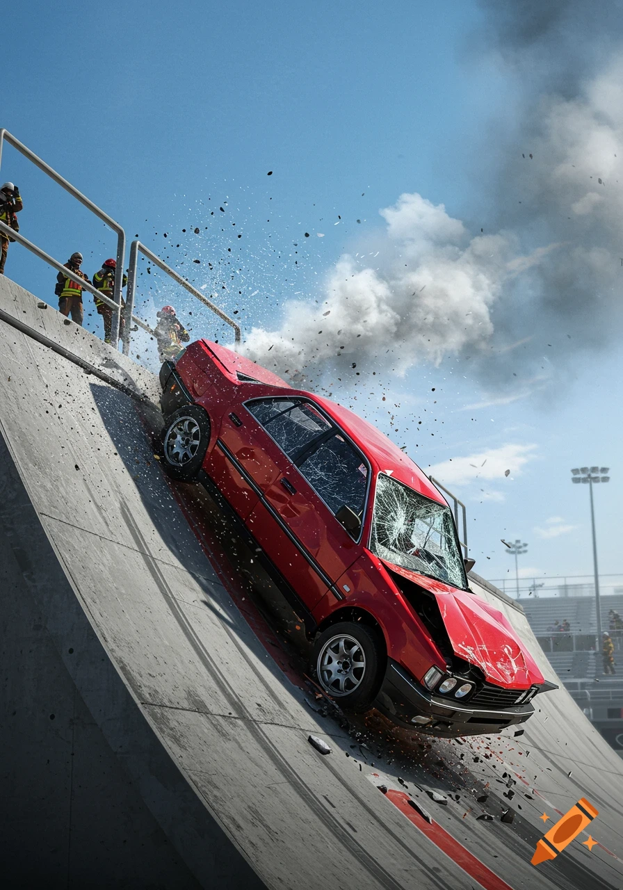 Photorealistic image of a red car crashing down a concrete ramp with smoke and debris, observed by firefighters.