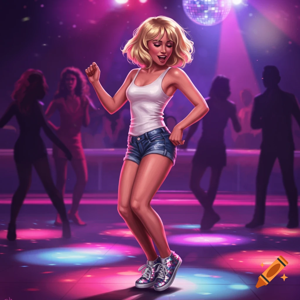 A blonde woman in a white tank top and denim shorts dances in a vibrant disco club under colorful lights, digital art style.