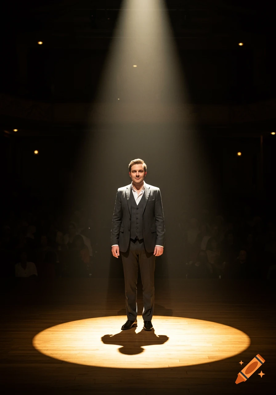 A man in a suit stands center stage, illuminated by a single overhead spotlight.
