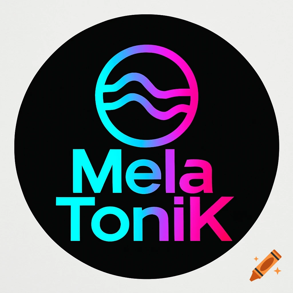 A black circular logo featuring the word MelaToniK in a blue-pink gradient, with a wave-like symbol above it.