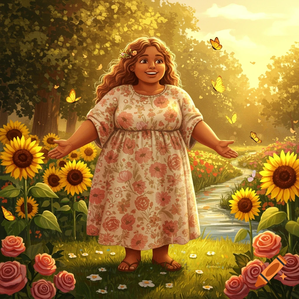 Cheerful woman in a floral dress in a vibrant, sunlit field of sunflowers, roses, and butterflies by a stream. Illustration.