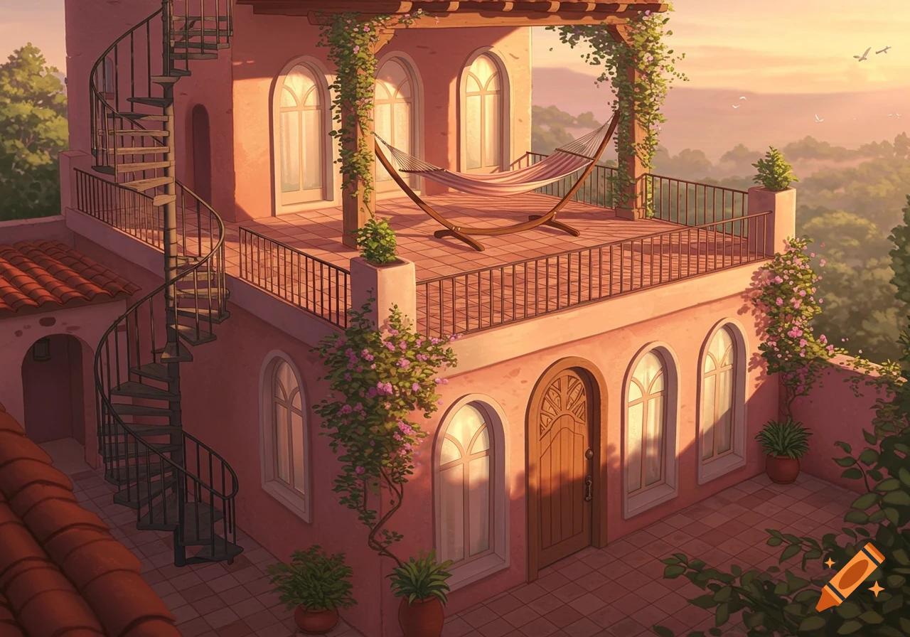 Illustrated pink house with a spiral staircase, rooftop terrace, hammock, arched windows, and plants under a warm sunset sky.