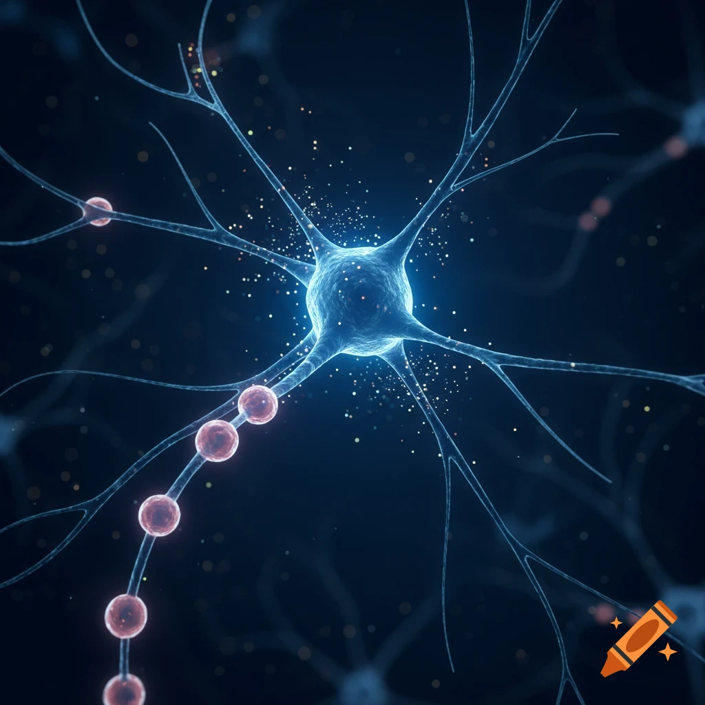 A detailed, glowing blue neuron with branching dendrites and an axon, featuring red spheres along one nerve fiber, against a dark background.