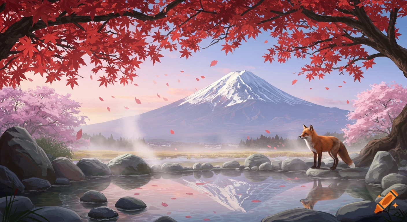 Digital painting of a red fox by a hot spring with falling red maple leaves, pink cherry blossoms, and snowy Mt. Fuji.