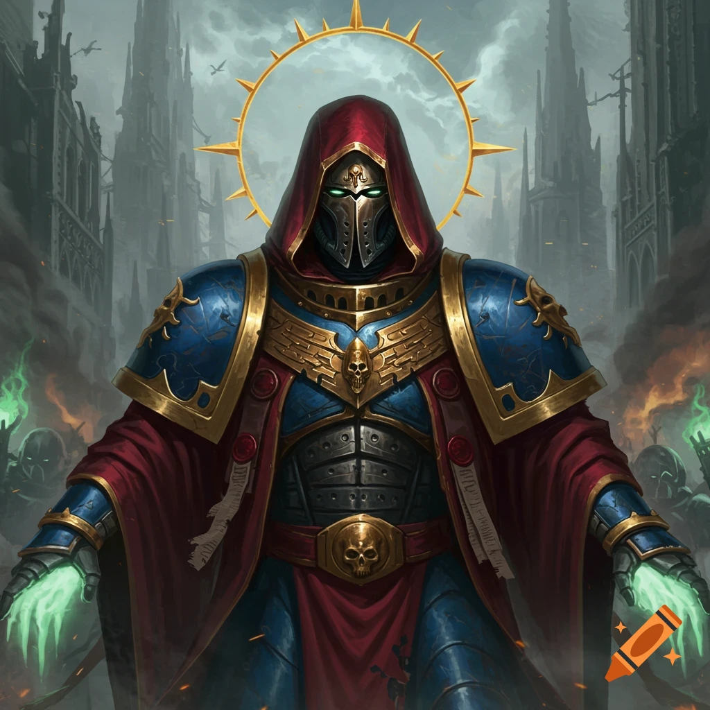 A robed, masked figure in blue and gold armor with glowing green hands and a halo stands in a ruined city. Dark fantasy art style.