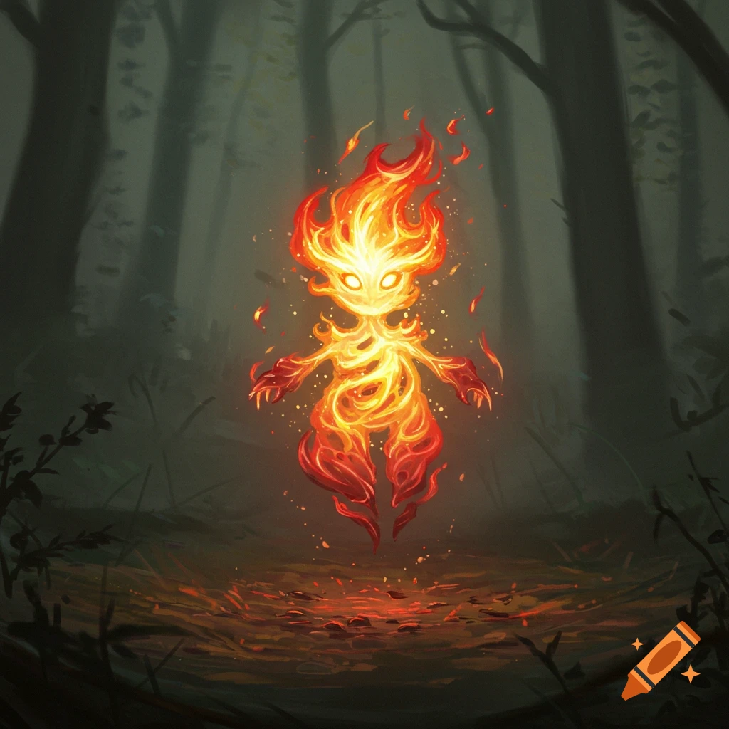A small, glowing fire elemental with bright orange and yellow flames stands in a dark, misty forest. Digital art.