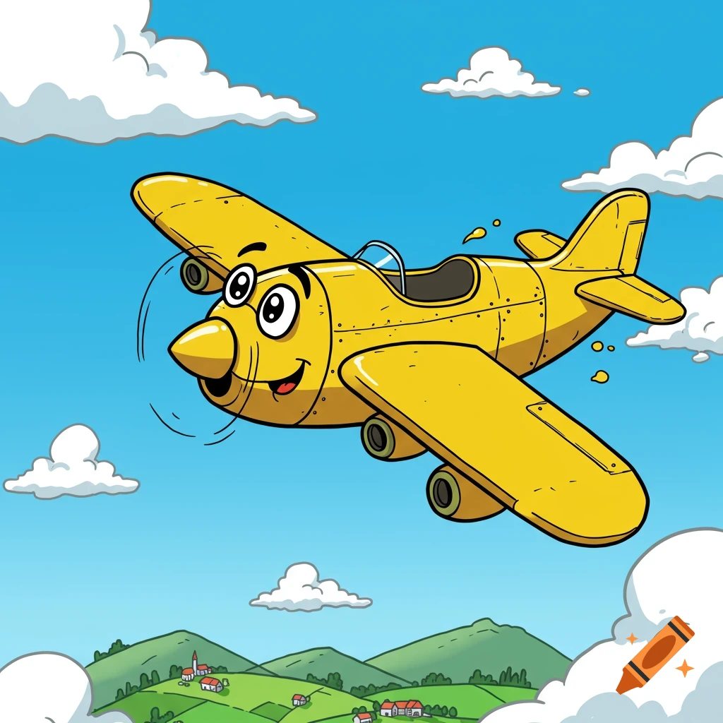 A bright yellow cartoon airplane with a happy face flies in a blue sky over green hills and white clouds.