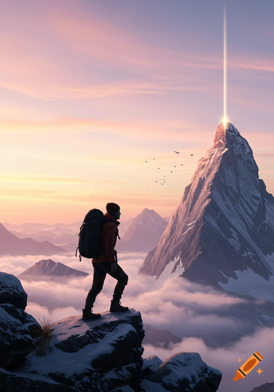 A lone hiker with a backpack stands on a snowy mountain cliff, gazing at a distant glowing peak above a sea of clouds at sunrise.