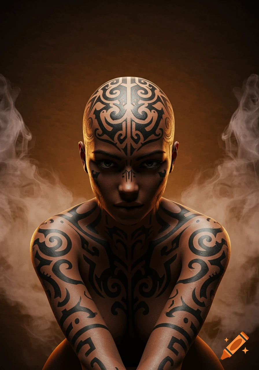 Close-up of a bald woman with intricate black tribal tattoos covering her head, face, and upper body, against a smoky brown background.