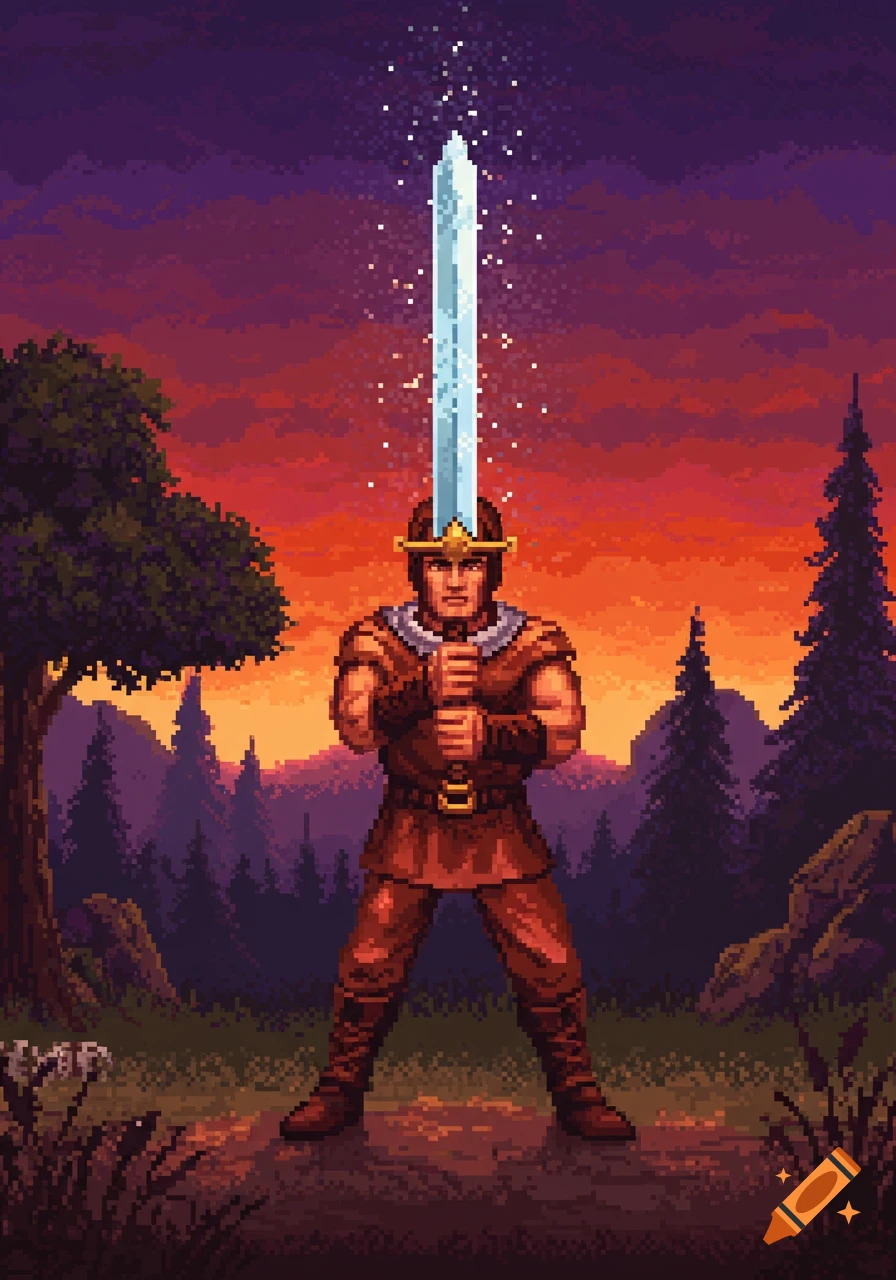 Pixel art warrior holding a glowing sword against a sunset sky in a forest.