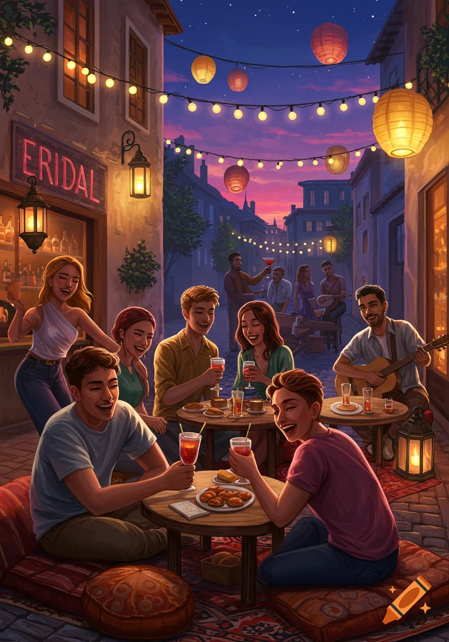Stylized illustration of friends laughing, drinking, and playing guitar at an outdoor cafe at dusk, illuminated by string lights.