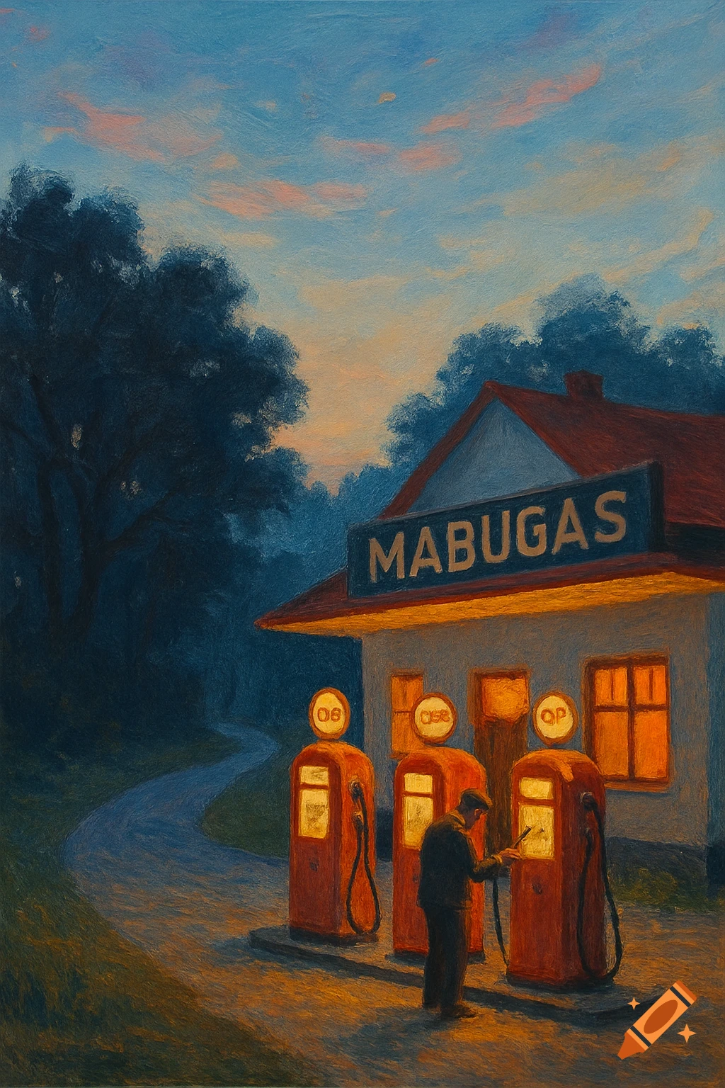 Acrylic painting of a man fueling at an old gas station named 'MABUGAS' at sunset, with a winding road.