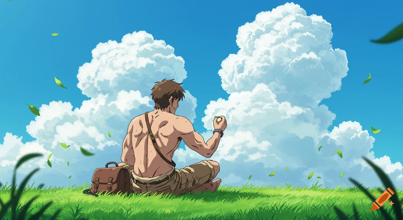 An anime man sits on a grassy hill, viewed from behind, looking up at a bright blue sky with large white clouds and falling green leaves.