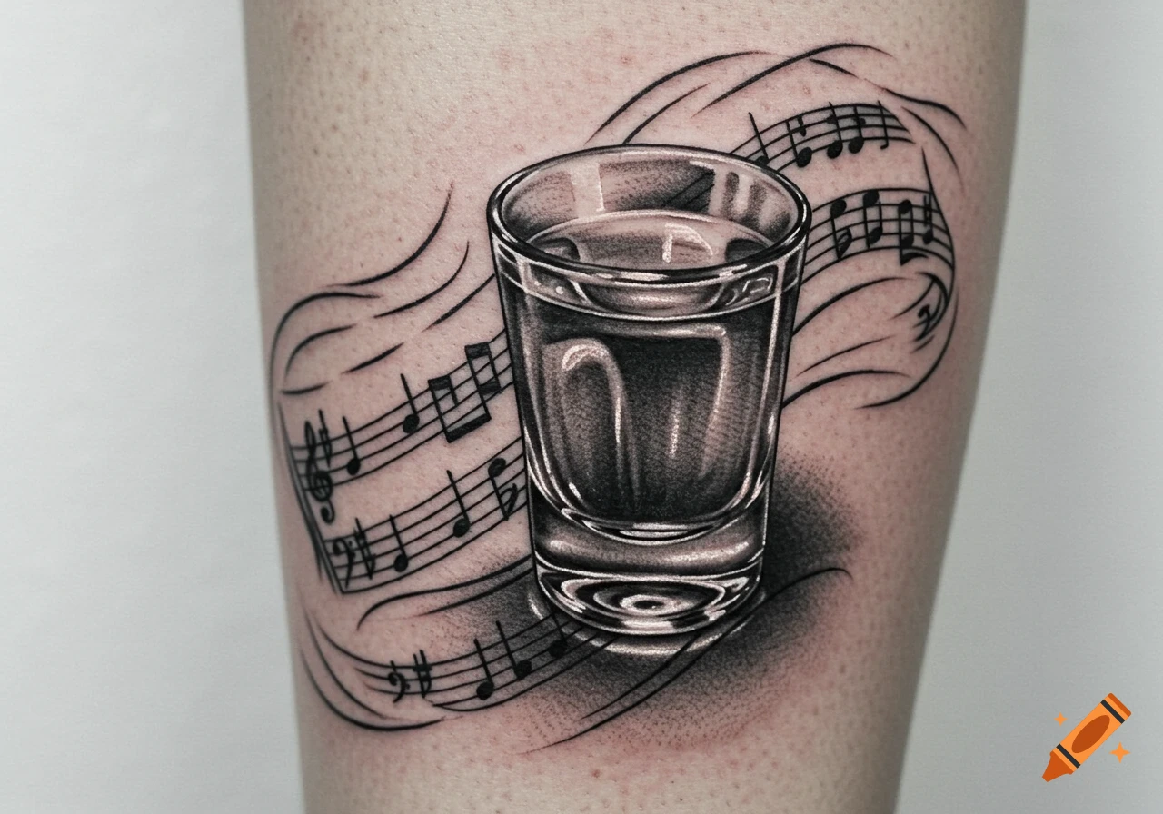 Black and white tattoo of a shot glass with musical notes swirling around it on a person's skin.