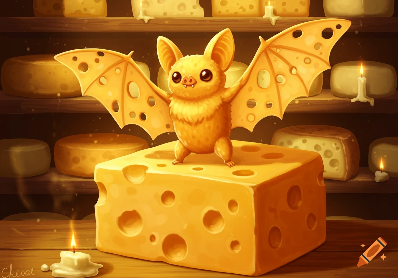 A cute, cartoon cheese bat with large wings stands on a block of cheese in a dimly lit cellar full of cheese wheels and candles.