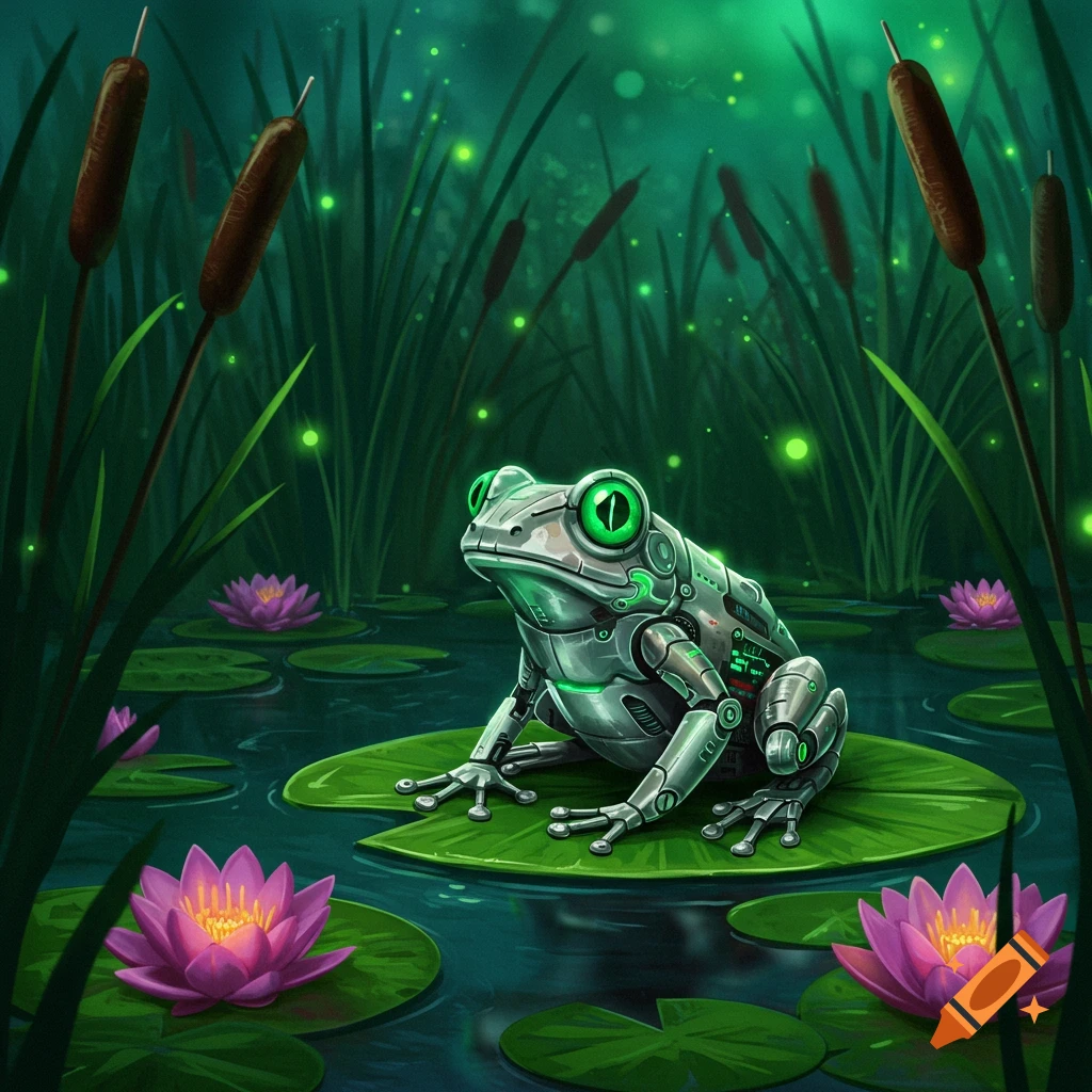 A detailed digital art image of a silver robot frog with glowing green eyes on a lily pad in a dark pond with pink water lilies.