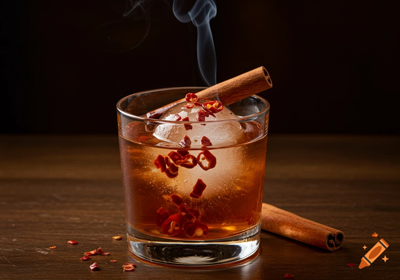 A premium cocktail with a spherical ice cube, red chili pieces, and a smoking cinnamon stick in an old fashioned glass.