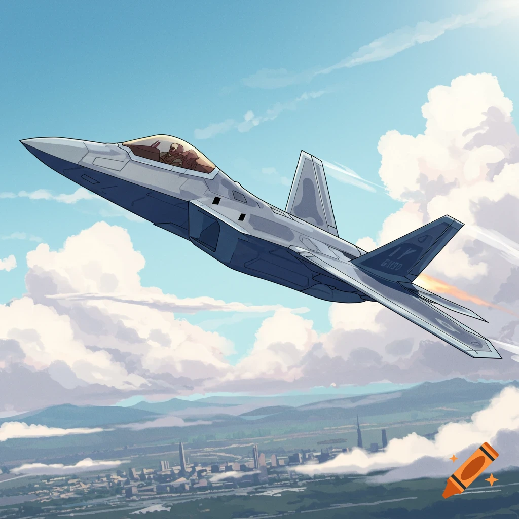 Anime-style F-22 Raptor fighter jet soaring through a clear, cloudy sky above a city and mountains.