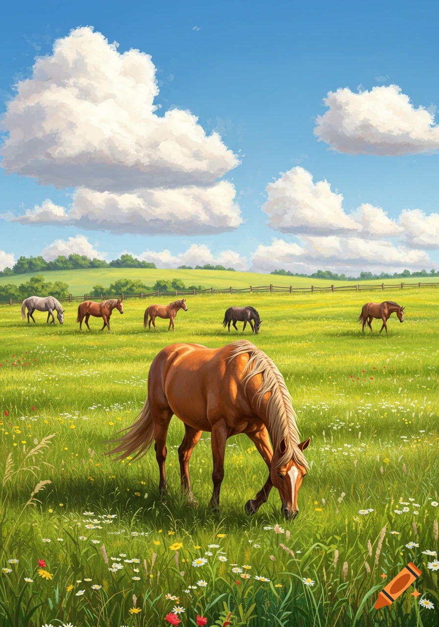 Several horses graze in a lush green meadow dotted with wildflowers under a bright blue sky with fluffy white clouds.