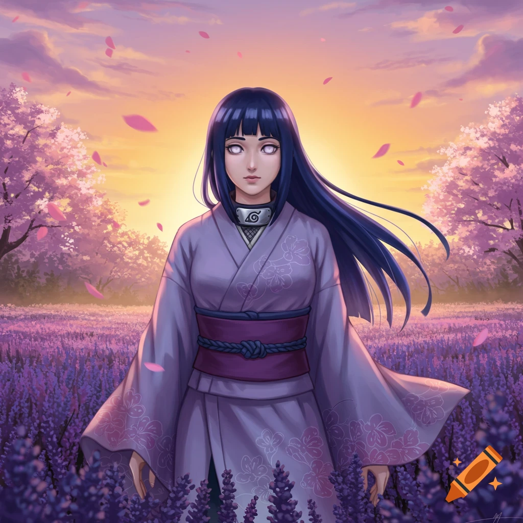 Hinata Hyuga from Naruto in a lavender kimono stands in a field of purple flowers and pink cherry blossom trees at sunset, anime style.
